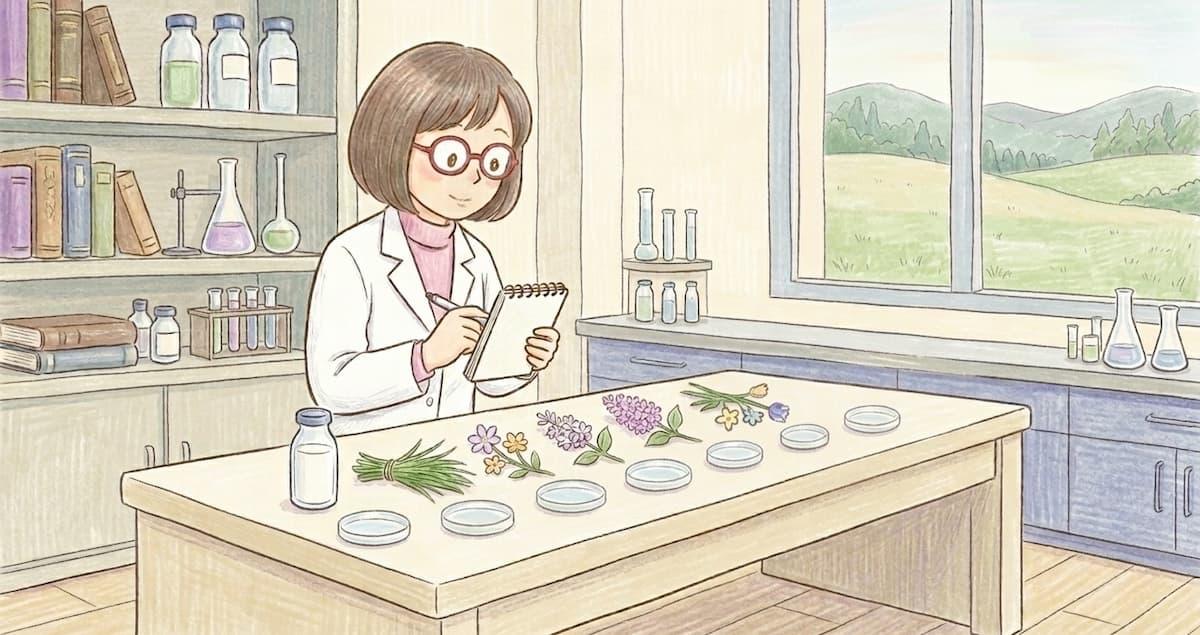 研究室の窓からライラックを眺めるDr.リラ子