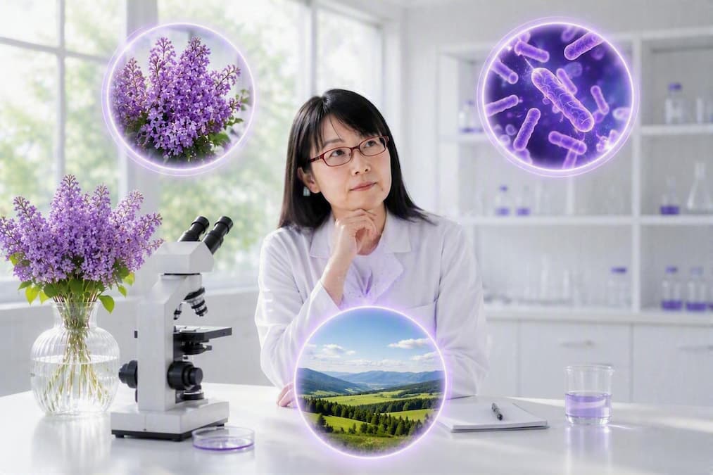 研究室の窓からライラックを眺めるDr.リラ子