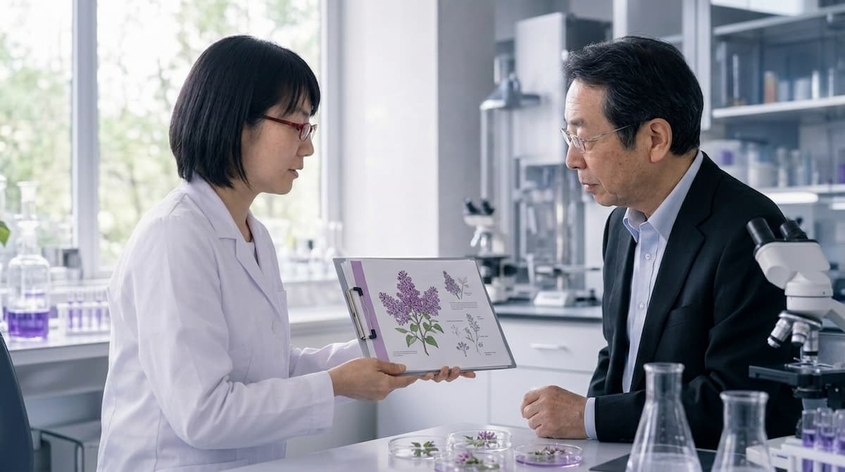 ライラックの花を手にするDr.リラ子